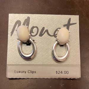 Monet Luxury Clip Earrings White and Silver Tone